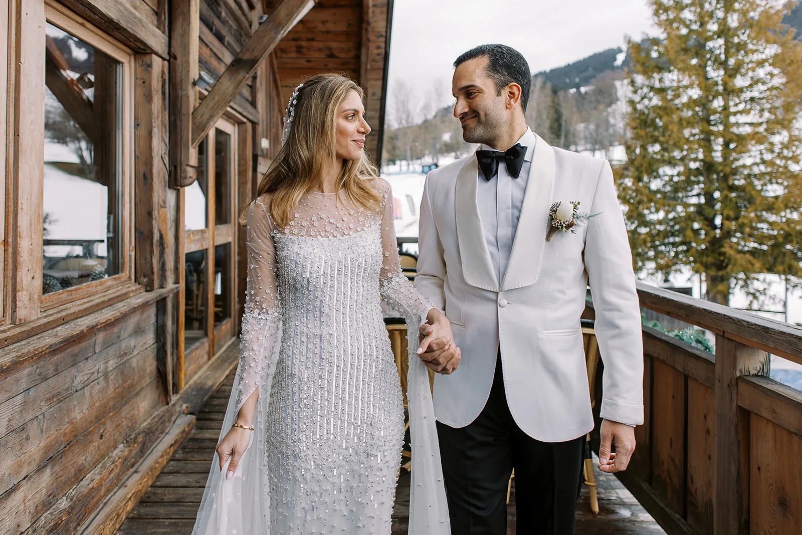 French Alps Megeve extravagance winter wedding bride and groom
